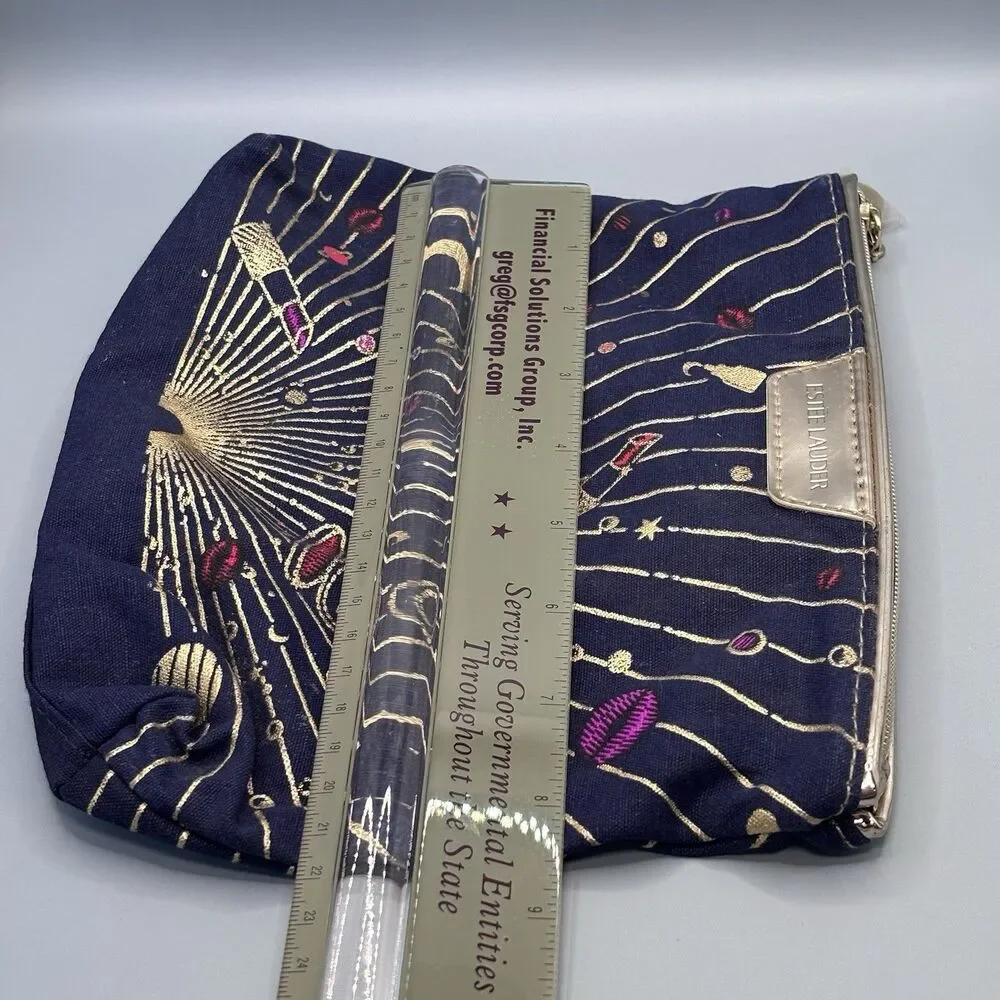 Estee Lauder Navy Gold Star Moon Galaxy Print Cosmetic Pouch Travel Bag Cotton